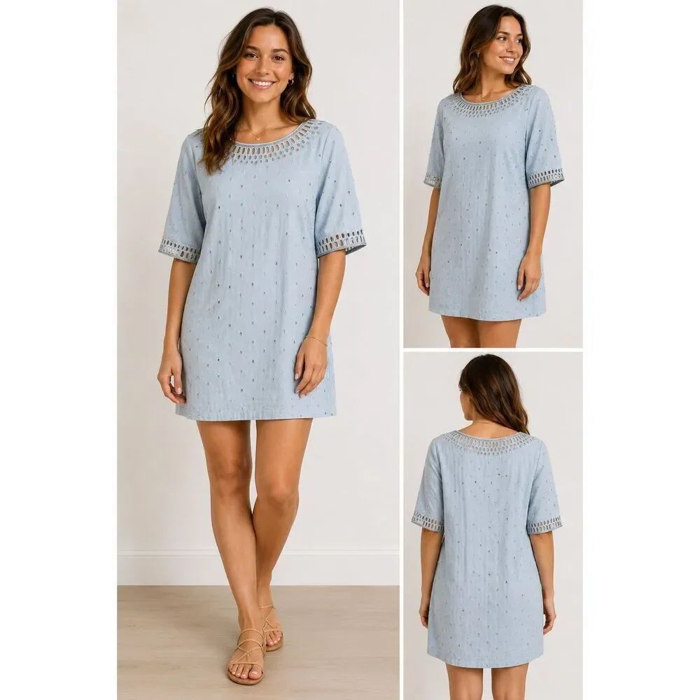 Gretchen Scott Womens Rocker Girl Shift Dress Knee Length Blue Silver Small